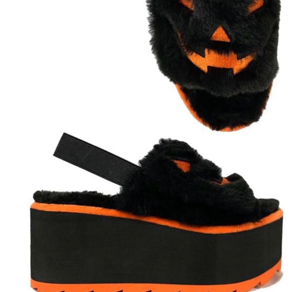 Black & Orange Fuzzy Platform Slingback Slides - Plush Halloween Style